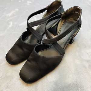 Vintage 90s Woolworths Womens Ballet Heels Sz 6.5 Black Satin Square Toe Strappy